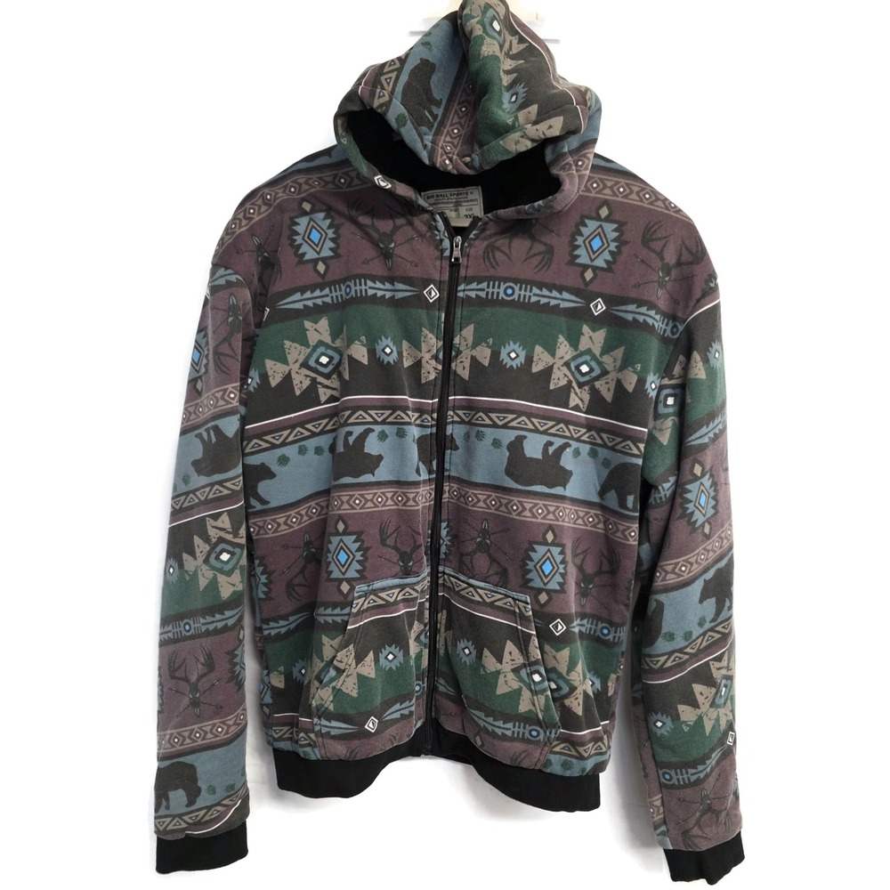 Big Ball Sports Aztec Hoodie Sherpa Jacket Men 3XL Southwestern Bear Deer Zip Up